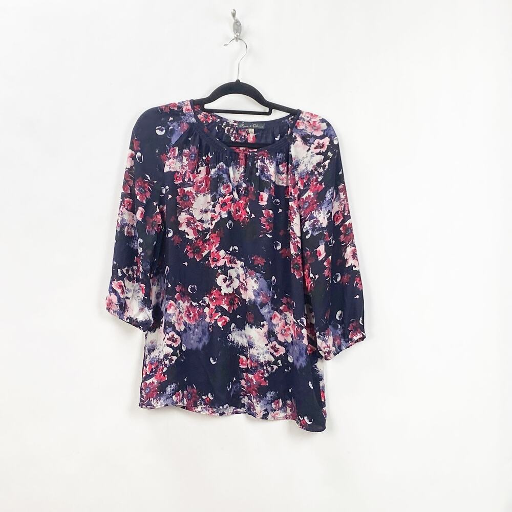 Rose & Olive Medium Womens Purple Pink Floral Print Popover Blouse Top